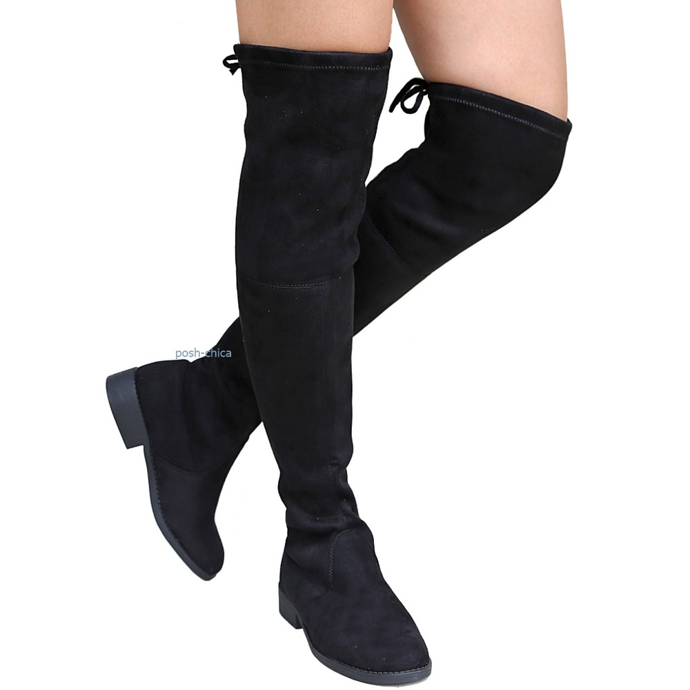 Women's Black Over-the-Knee Suede Boots with Tie-Back - Picture 2 of 3